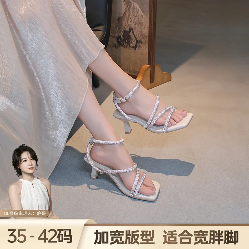 BL静哥加宽大码女鞋水钻一字带高跟凉鞋方头露趾法式气质夏A52029