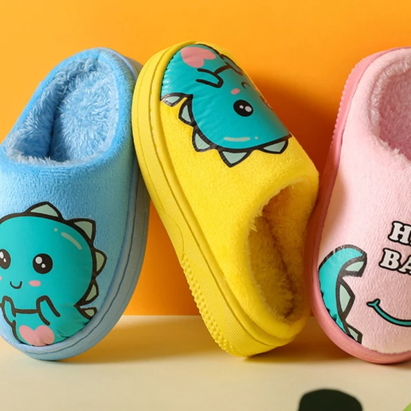 秋冬季儿童棉鞋居家卡通可爱防滑软底小恐龙毛毛棉拖鞋厚底保暖