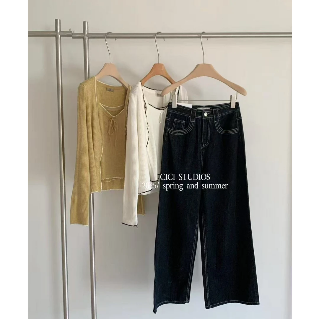 CICI@8175百搭显瘦明线黑金牛仔裤