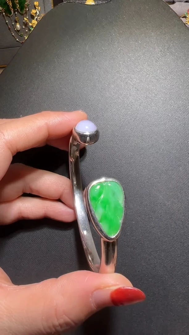 银S925镶嵌手镯翡翠翡翠双色叶子手镯