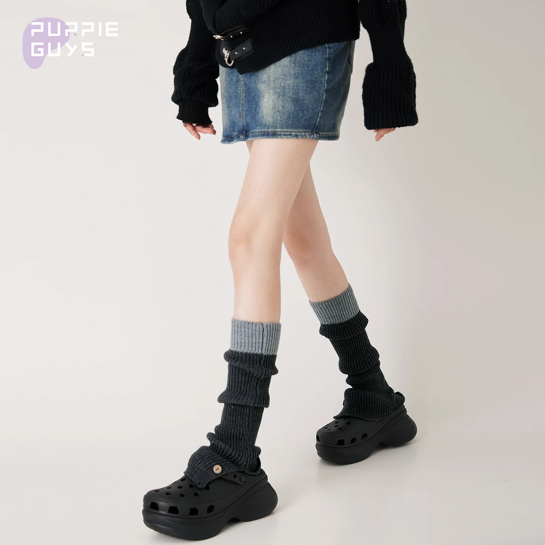 purpleguys纽扣拼色袜套女秋冬款针织保暖y2k开叉喇叭堆堆小腿套