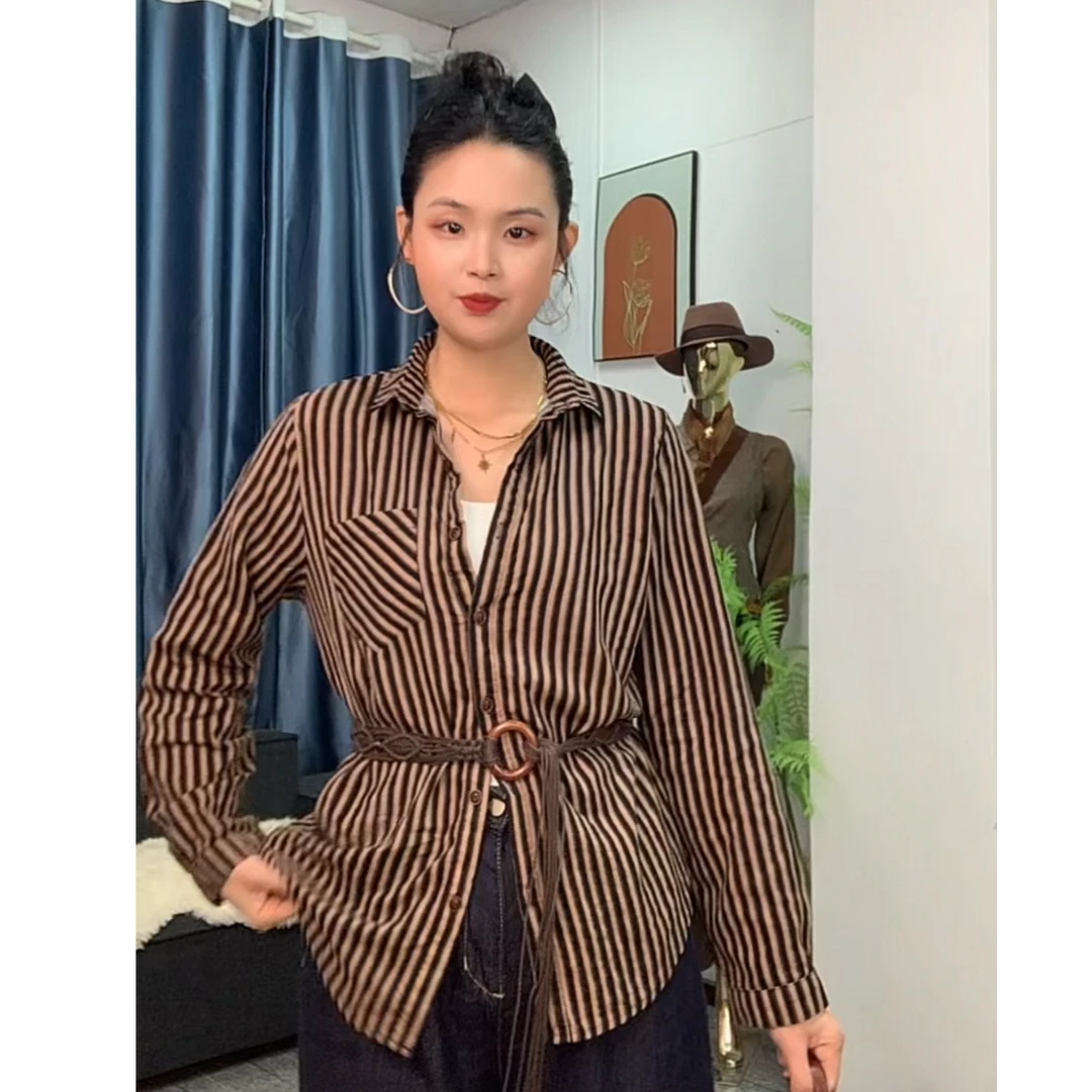 休闲时尚长袖上衣新款衬衣条纹衬衫收腰修身女士秋季气质女装
