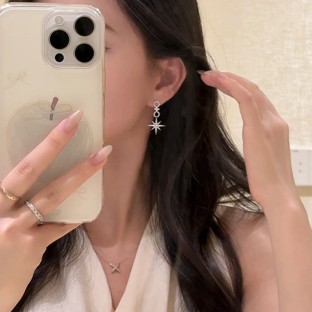 铜合金锆石耳饰 新款时尚八芒星圈耳环轻奢高级个性潮酷超闪耳饰