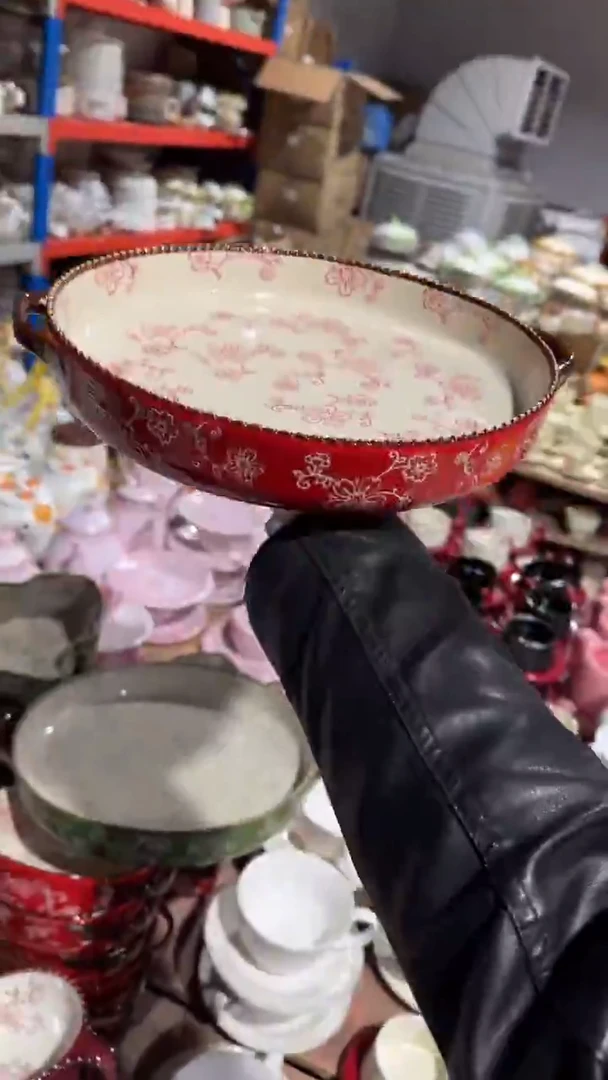 陶瓷红色大号圣诞双耳盘微瑕 凑满20元包邮