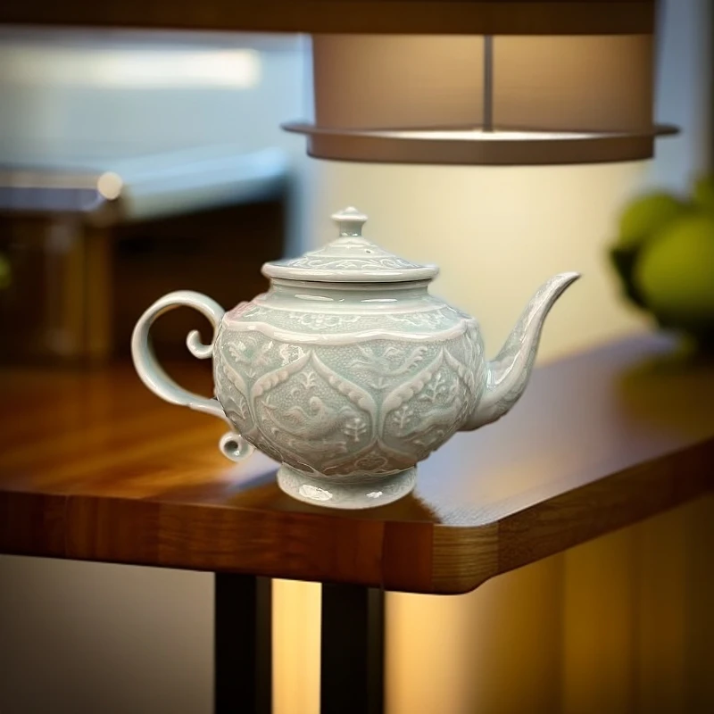 长安知己耀州窑花舞大唐天青釉浮雕满刻瓜棱茶壶酒壶咖啡壶500ml