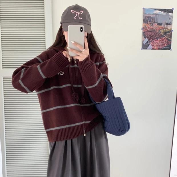 6612秋冬时尚连帽条纹女拉链针织开衫