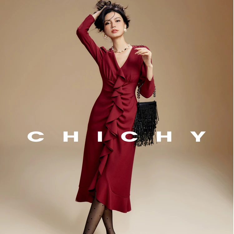 【若谷专属】 CHICHY洋气名媛红色连衣裙长裙子CC8F004241