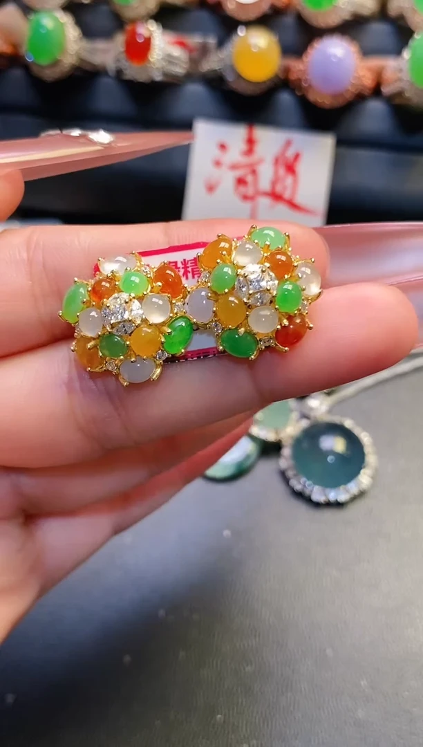 银S925镶嵌翡翠耳饰天然