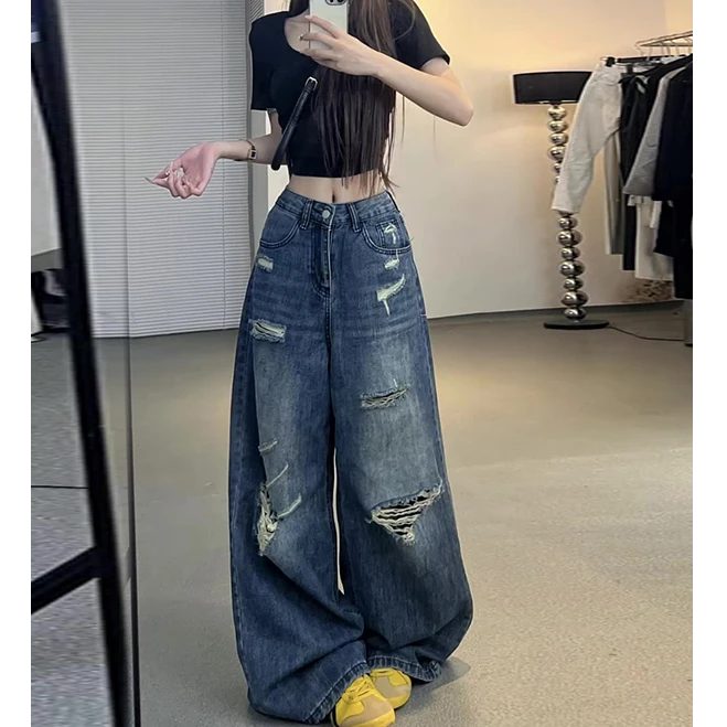 美式复古破洞设计感高街风破洞牛仔裤女2025夏季新款宽松裤6121#