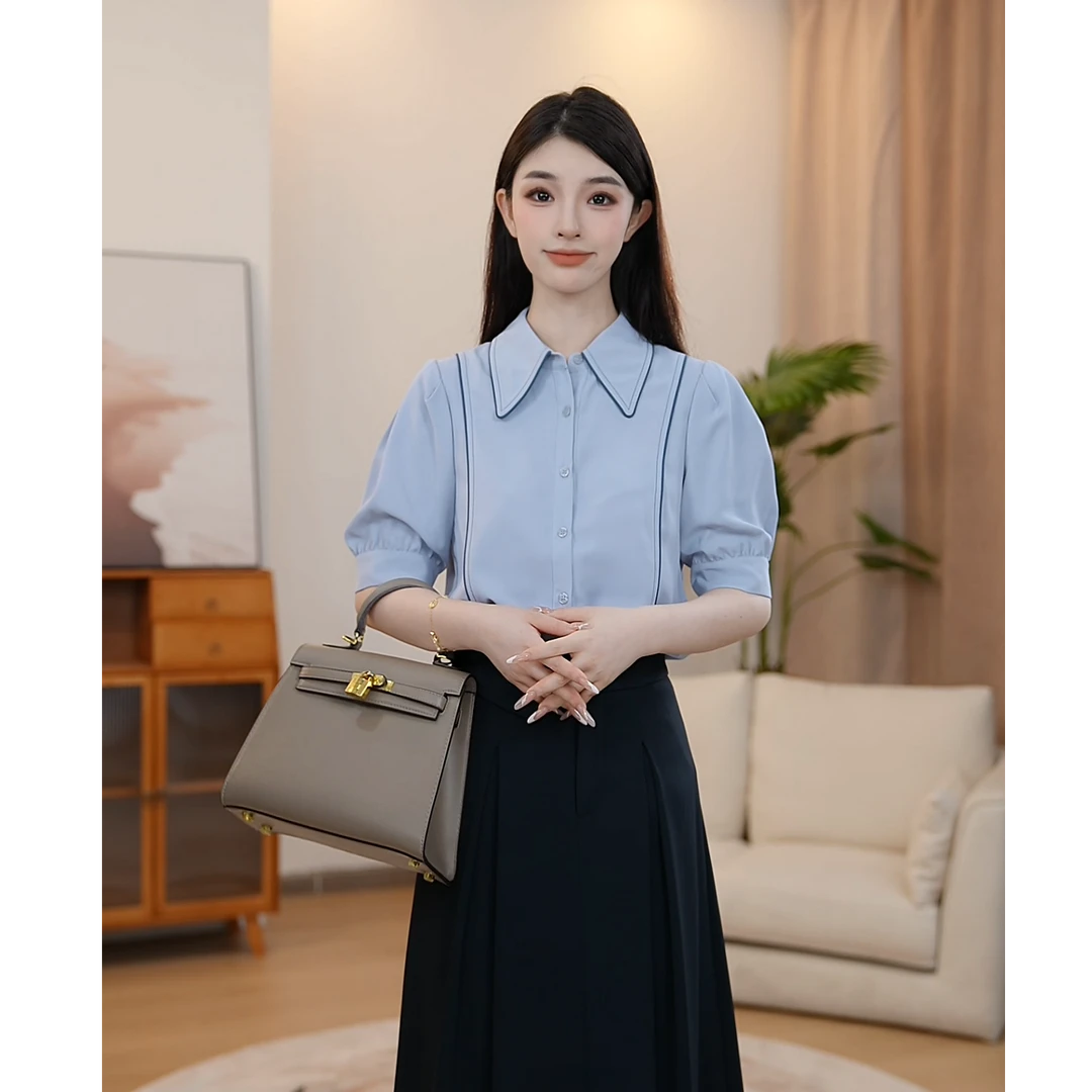 【曼贝】曼贝短袖衬衫女上衣设计感法式高级感衬衣8392166【珮珮】