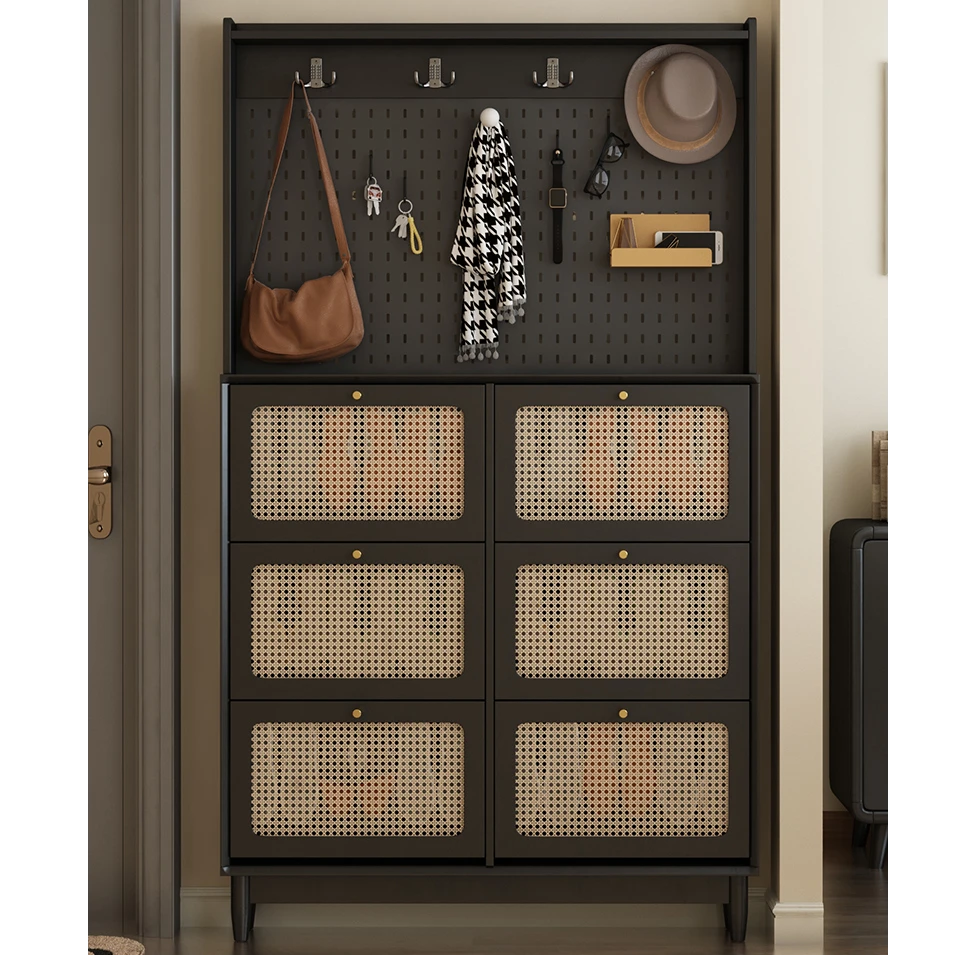 2025新款鞋柜家用门口超薄鞋柜翻斗带挂衣架一体法式简约窄省空间