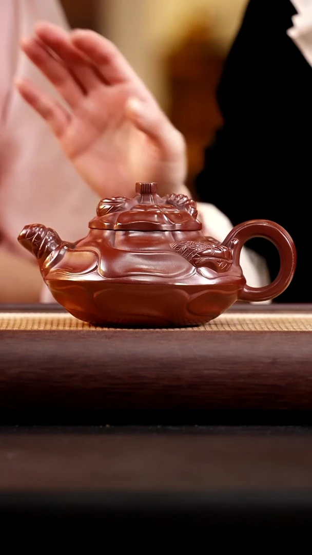 茶壶紫砂石红风卷葵大