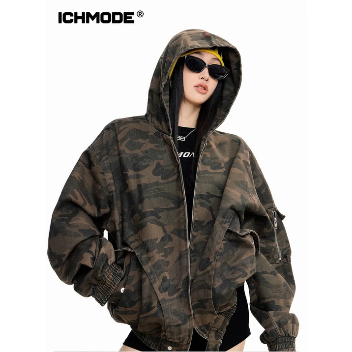 ICHMODE美式迷彩连帽外套女宽松上衣春秋运动户外休闲秋季连帽款