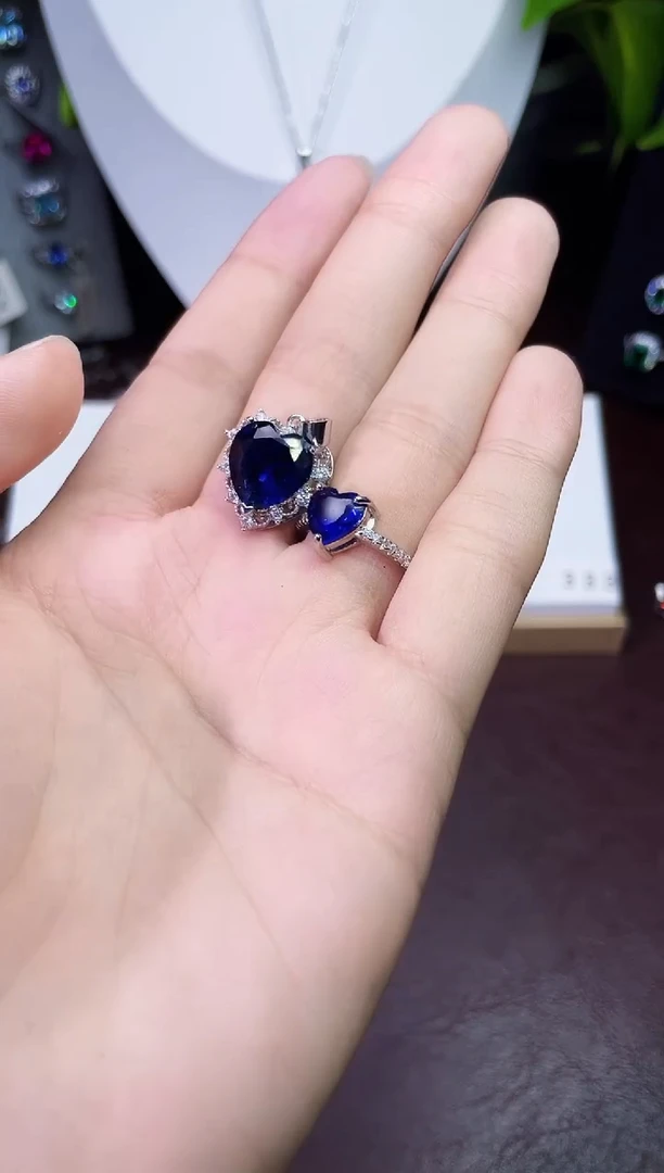 合金颈饰合成钻石蓝宝爱心吊坠+戒指