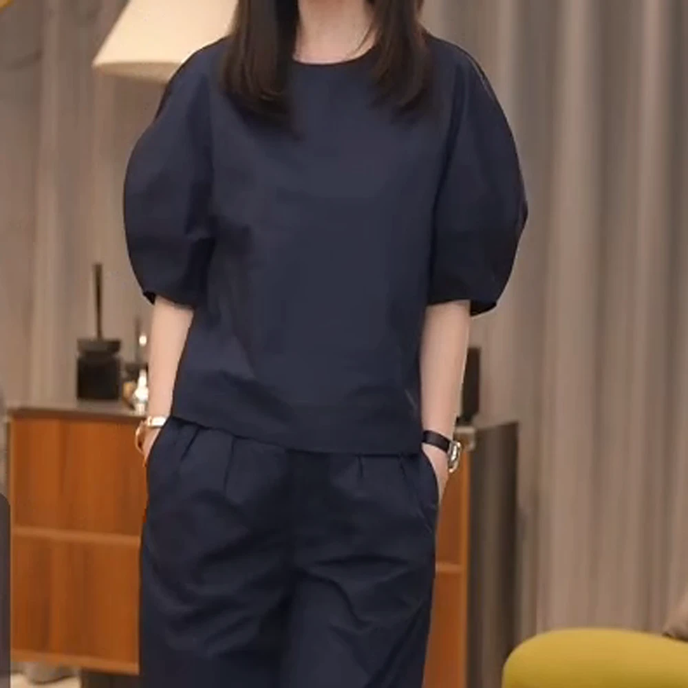 灯笼袖休闲小衫时尚韩版夏季衬衫上衣女+气质黑色显瘦宽松裤女