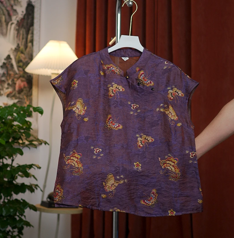 【有花有蝶]】新中式高定立领斜襟真丝香云纱短袖小衫百搭宽松显瘦