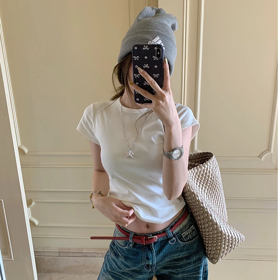 小个子基础款简约套头正肩短袖T恤女夏季纯色减龄休闲打底衫上衣t