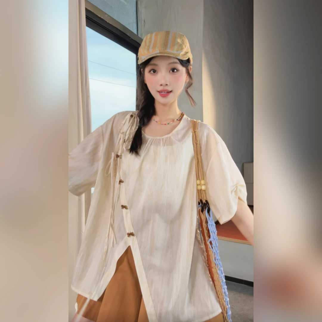 VGVL衬衫夏季设计感斜边扣开叉显高衬衫女