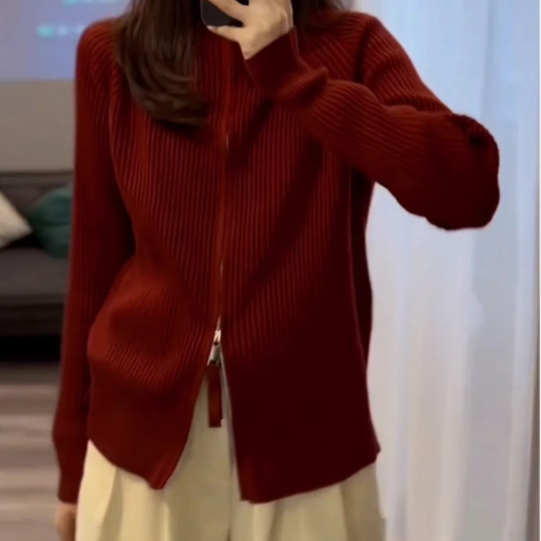 红色高领针织衫女春季韩系氛围感穿搭开衫外套红茶风慵懒软糯毛衣