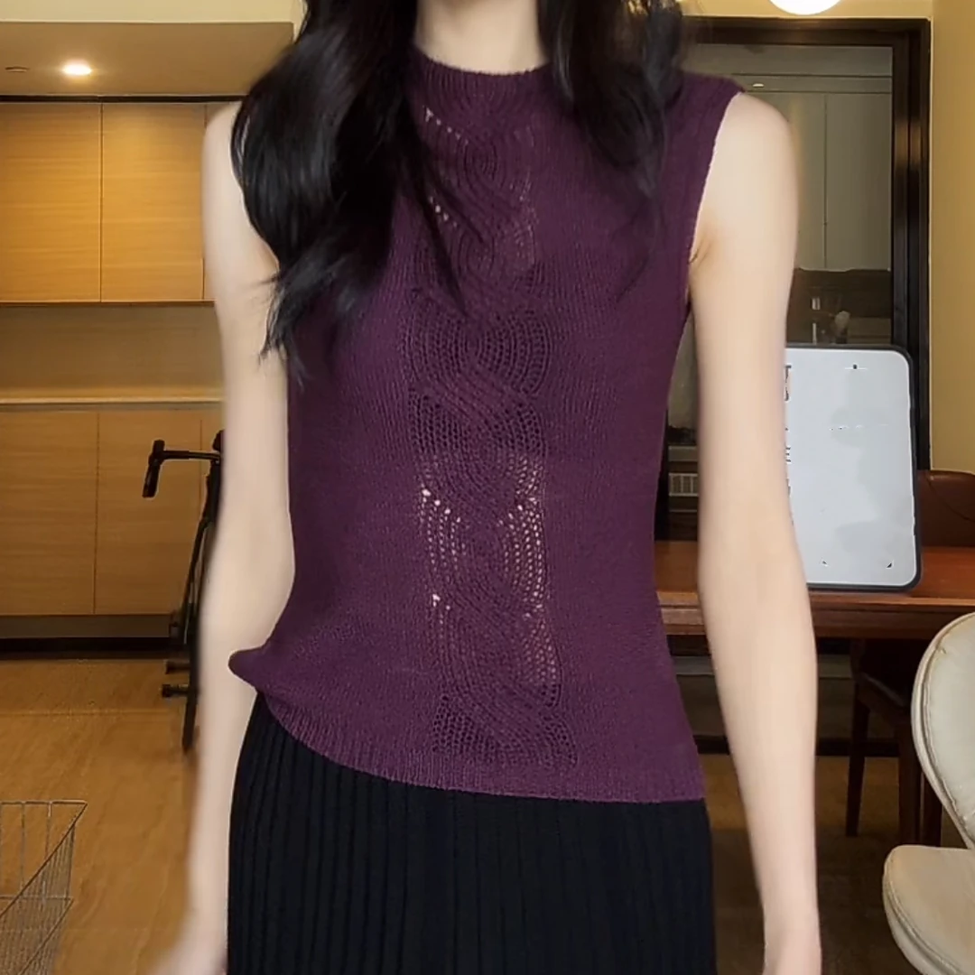 设计感半高领气质镂空无袖针织衫女2025夏季新款修身遮肚紫色上衣
