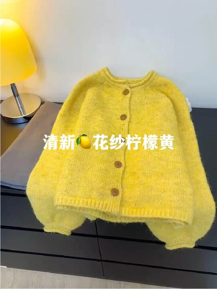 小清新减龄黄色圆领单排扣毛衣外套2025秋冬软糯日系针织衫女装