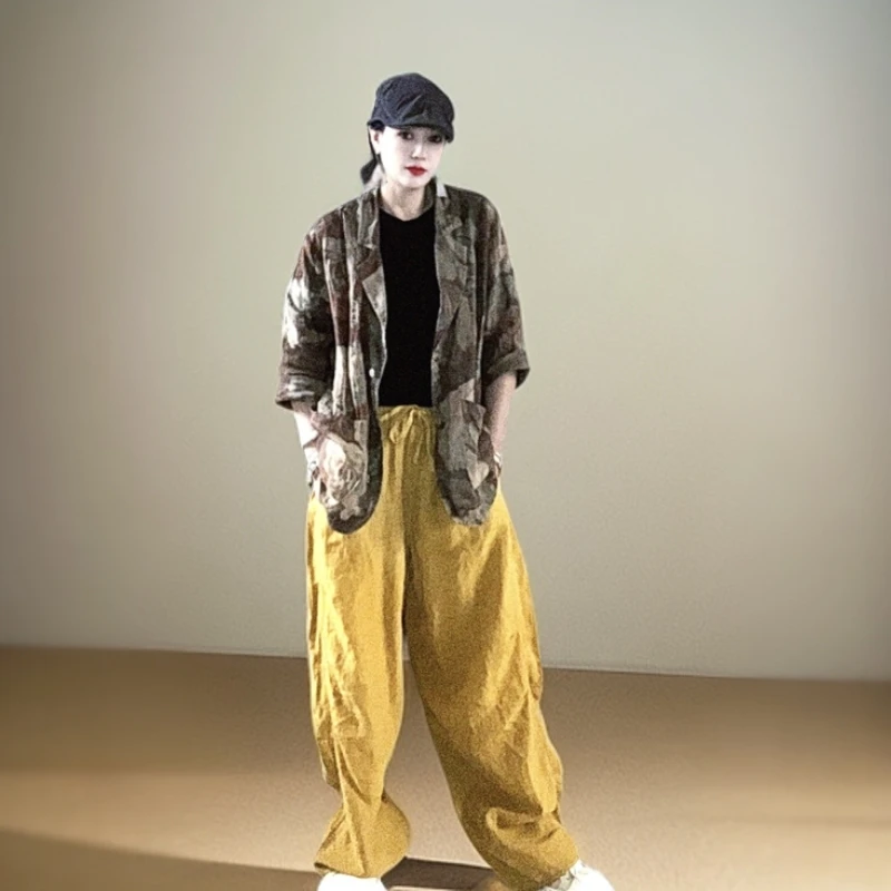 个性复古时尚百搭弯刀亚麻休闲裤子