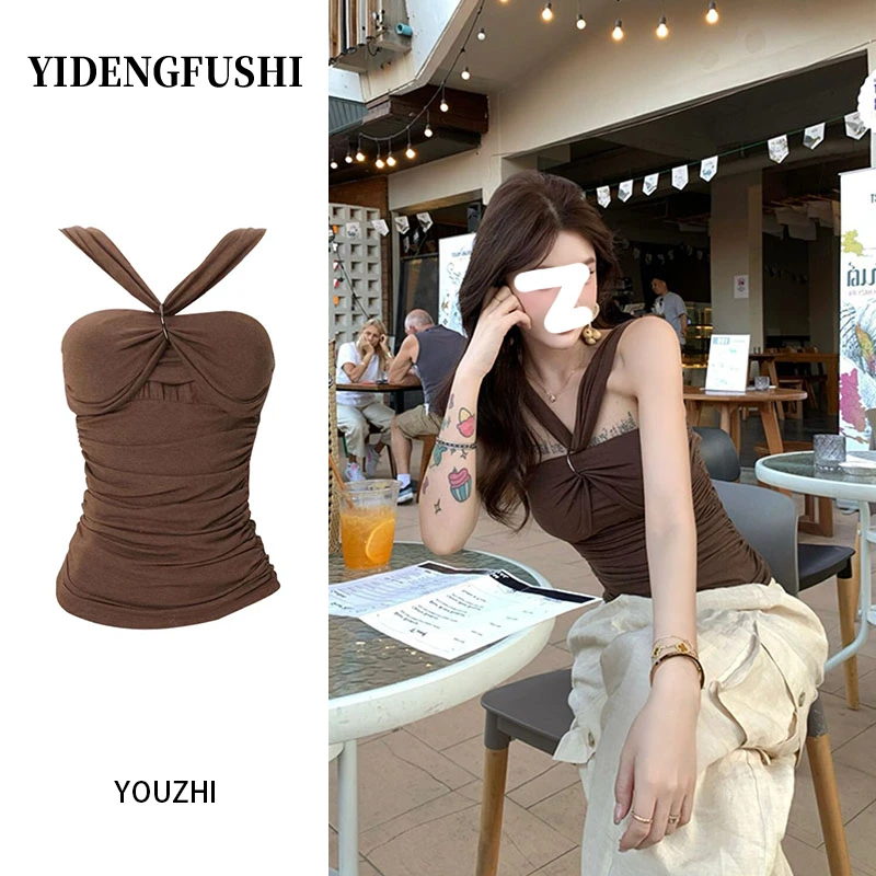 YIDENG复古棕色辣妹交叉吊带小背心女夏季褶皱修身内搭短款外穿