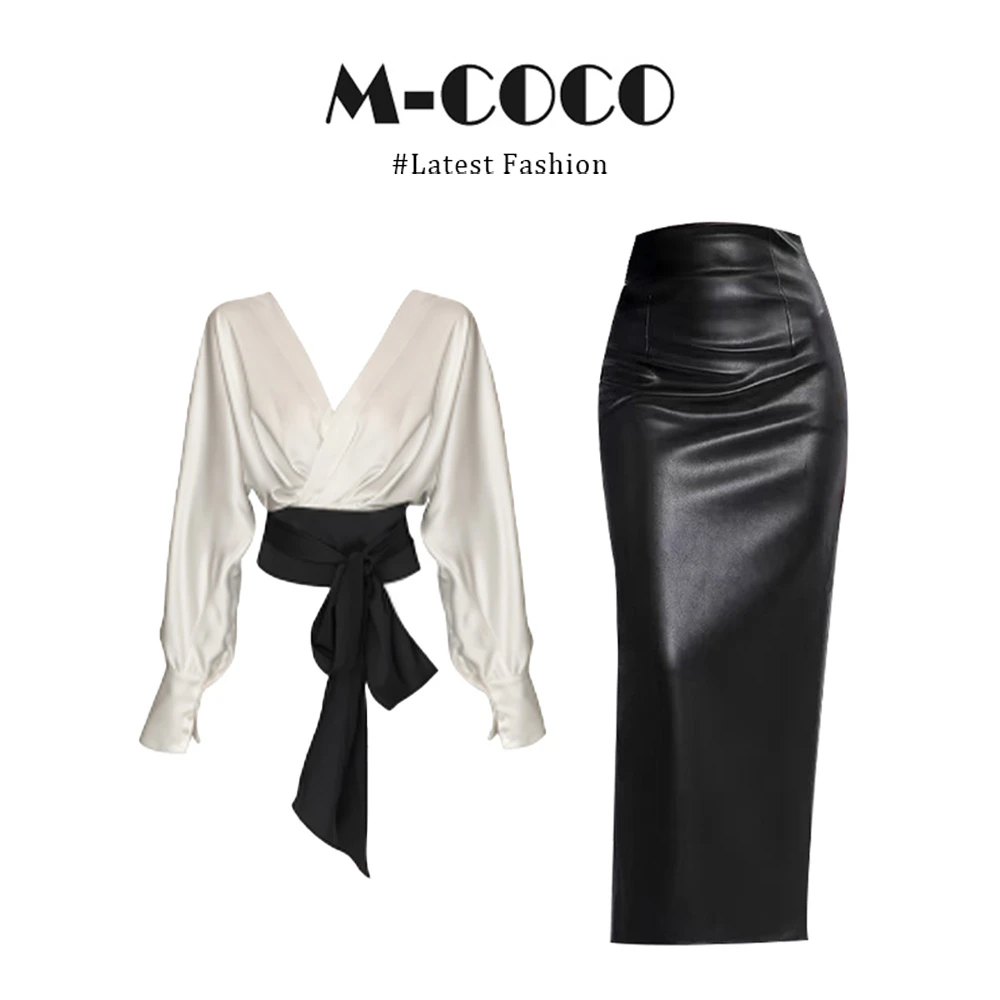 INS CEC法式V领蝙蝠袖绑带收腰长袖上衣百搭半身裙秋季爆款套装