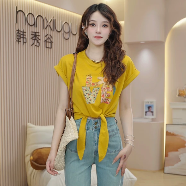 时尚潮流字母下摆绑带设计感小众T恤女2025夏辣妹风宽松短袖B347