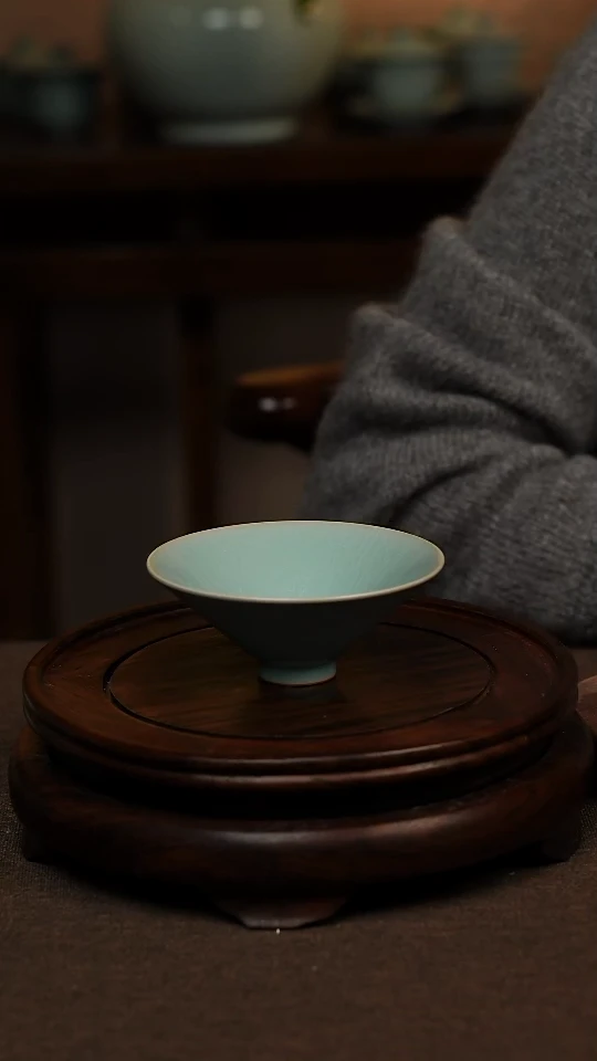 瓷片仿古天青全手工斗笠杯70ml 微瑕 不带礼盒