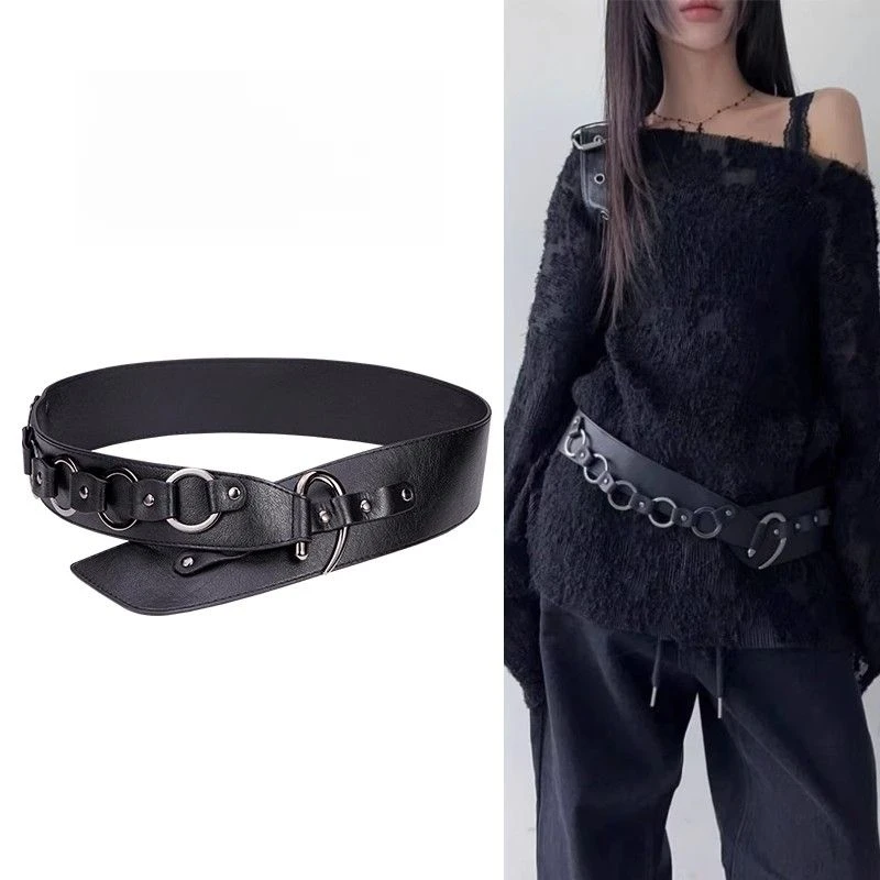 复古美式新款辣妹黑色铆钉女士牛仔裤腰带百搭时尚装饰朋克皮带女