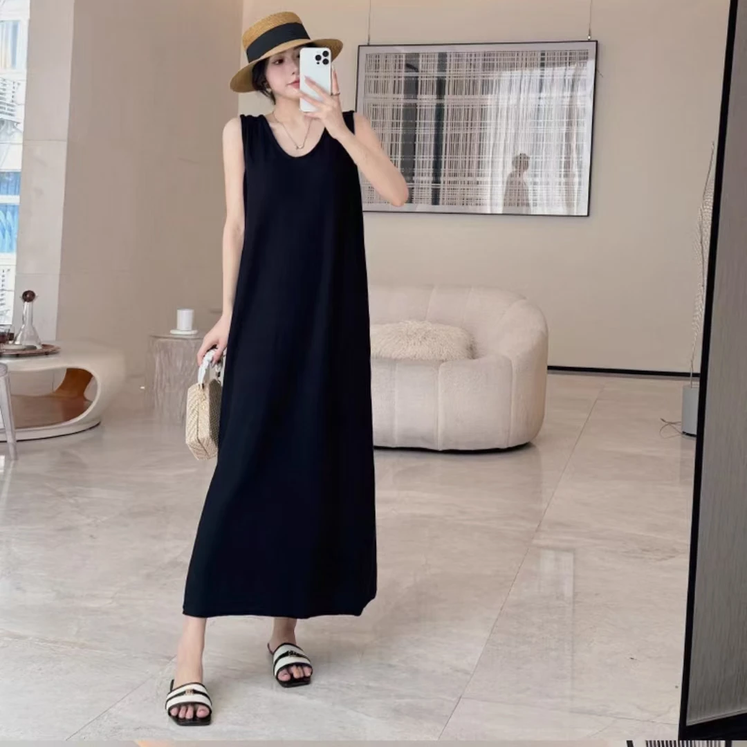 8178-裙长120cm（黑色）U领冰丝长裙