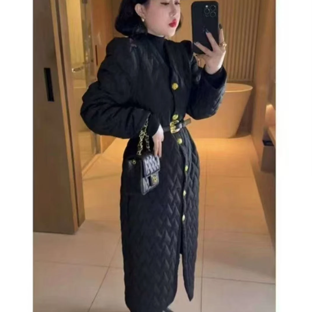 〖猫姐衣橱〗秋冬新款赫本风泡泡肩压格带腰带金扣棉服大衣688