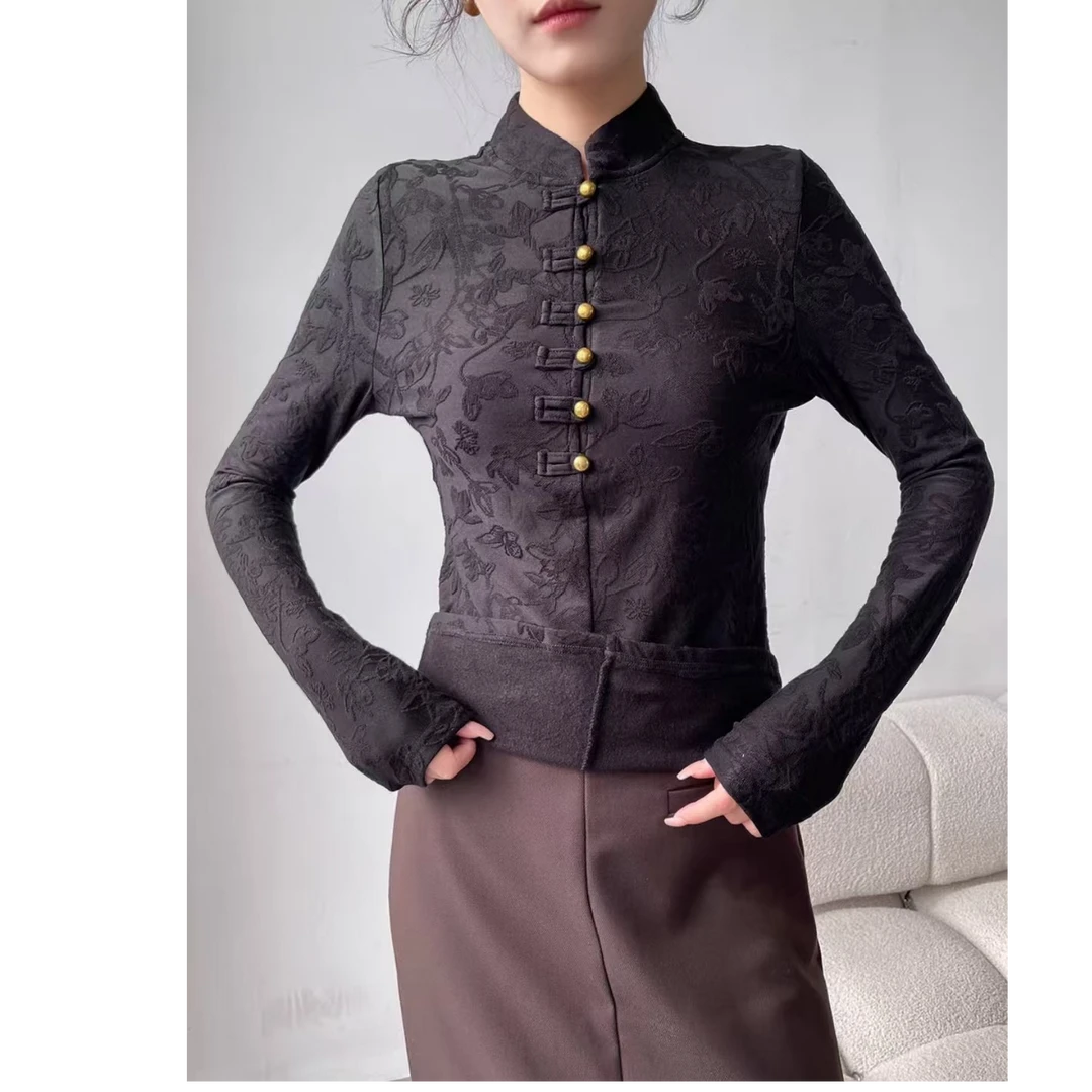 88123新中式国风盘扣立领长袖打底衫女高级款内搭上衣