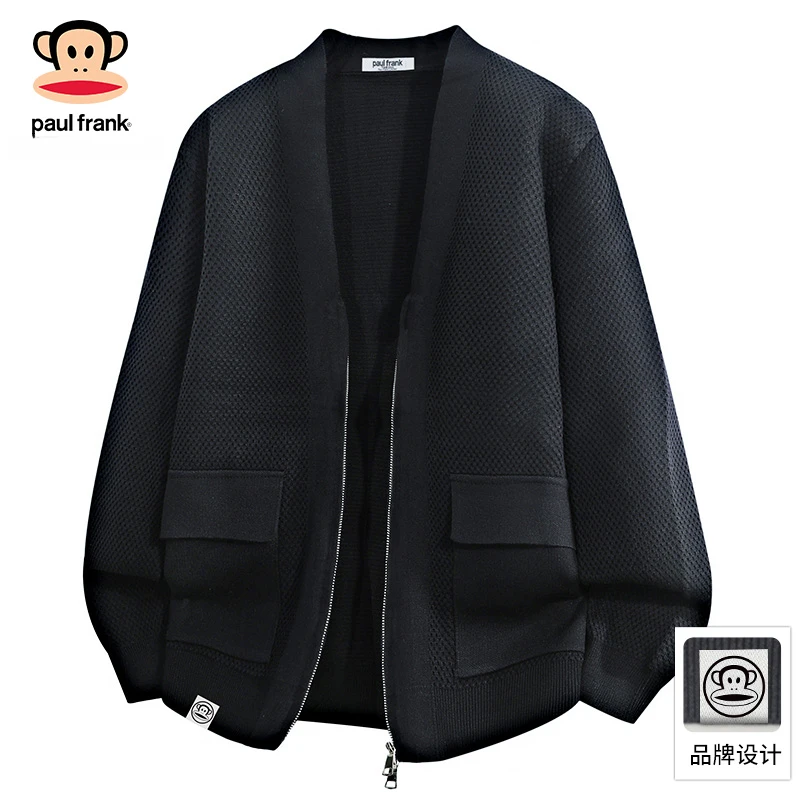 Paul Frank/大嘴猴双拉链V领保暖毛衣男秋季新款休闲宽松针织开衫