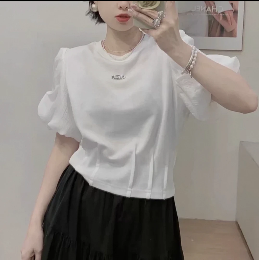通勤风褶皱简约纯色不规则T恤短款泡泡袖休闲常规短袖6633