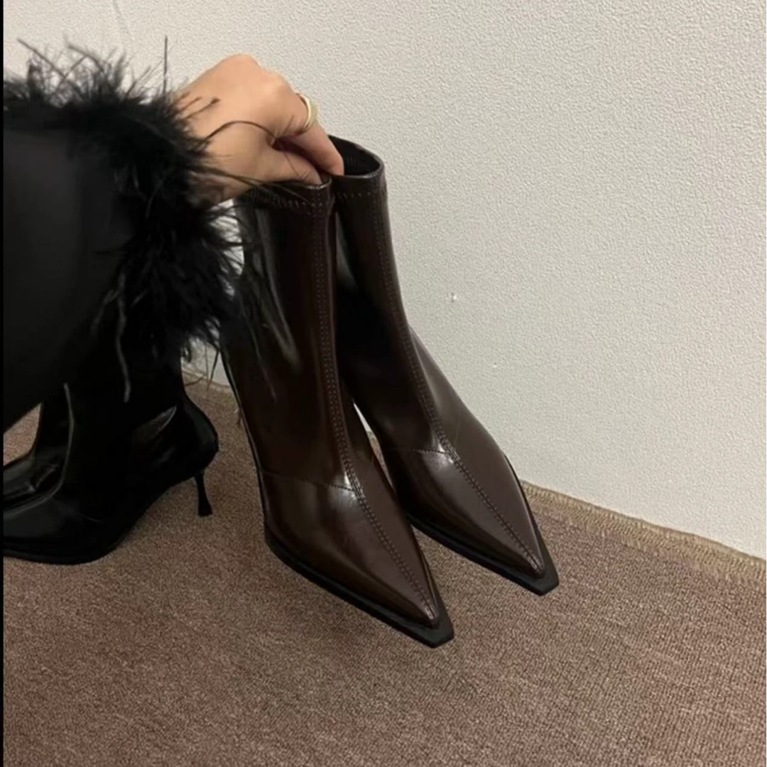 GUO2025年秋冬新品瘦瘦靴~细跟高跟尖头气质软皮后拉链韩版款短靴