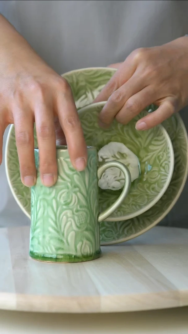 陶瓷微瑕翠绿浮雕冰裂釉3件套@4-2@