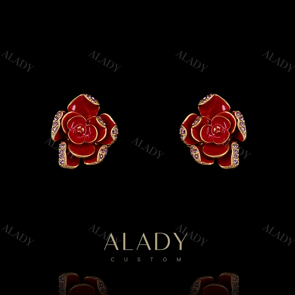 合金合成锆石耳饰 红色珐琅彩大气镶嵌耳饰-ASK2572