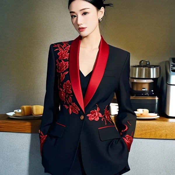重工刺绣红色芙蓉花黑红拼接套装气质长袖时尚商务春款女士黑色