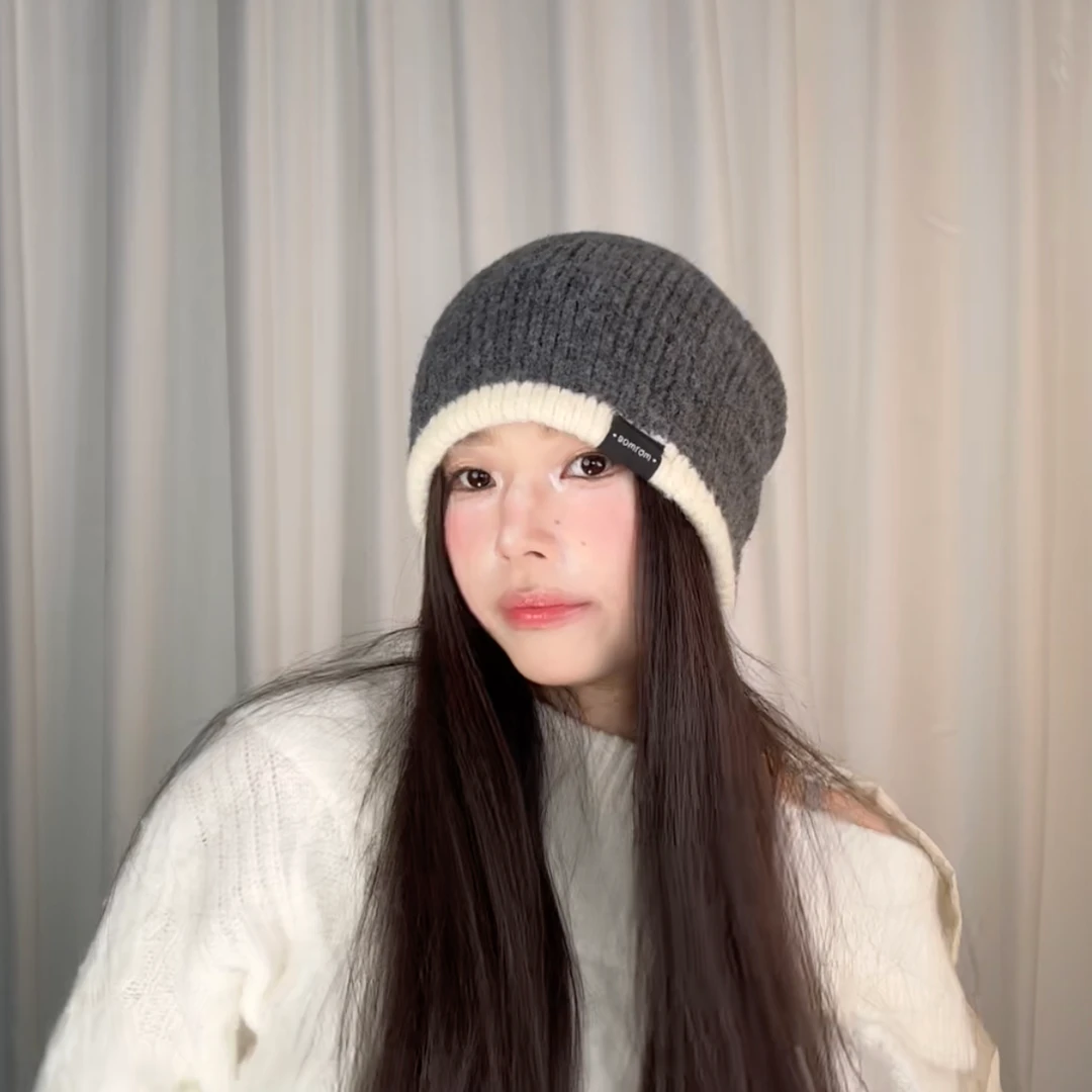 羊毛混纺双面加厚毛线帽子女秋冬2025新大头围针织帽保暖护耳冷帽