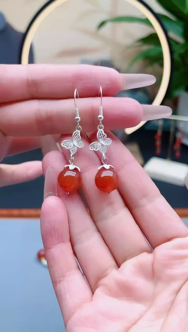 南红玛瑙银S925镶嵌耳饰306