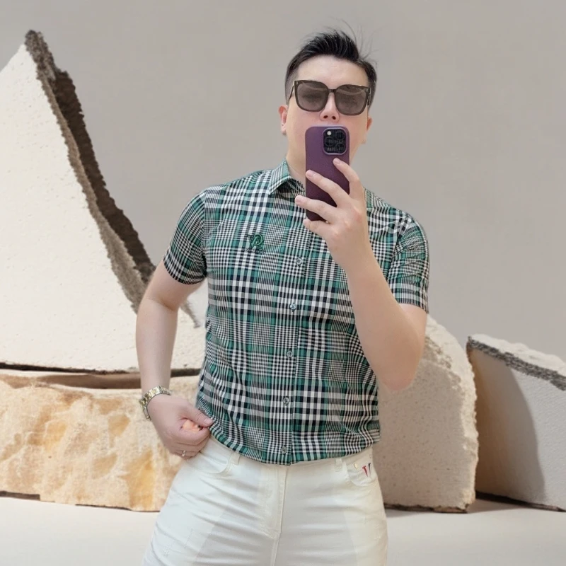 诺顿雷斯夏季潮牌时尚徽章格子衬衣修身薄款男士衬衫休闲翻领短袖