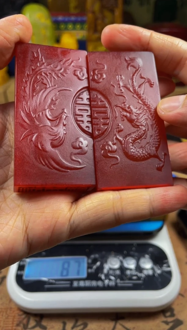 寿山石印石牛血红龙凤对牌