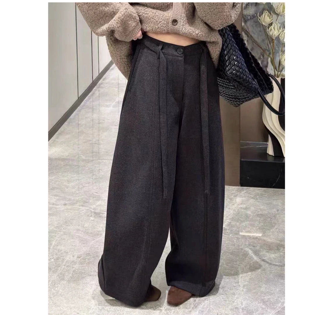 松紧腰绑带毛呢加厚阔腿裤女冬季宽松显瘦简约松弛感加绒休闲西裤