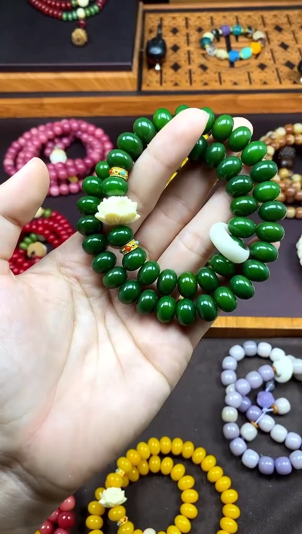手串白玉菩提翠微 绿菩提双圈手串带莲花