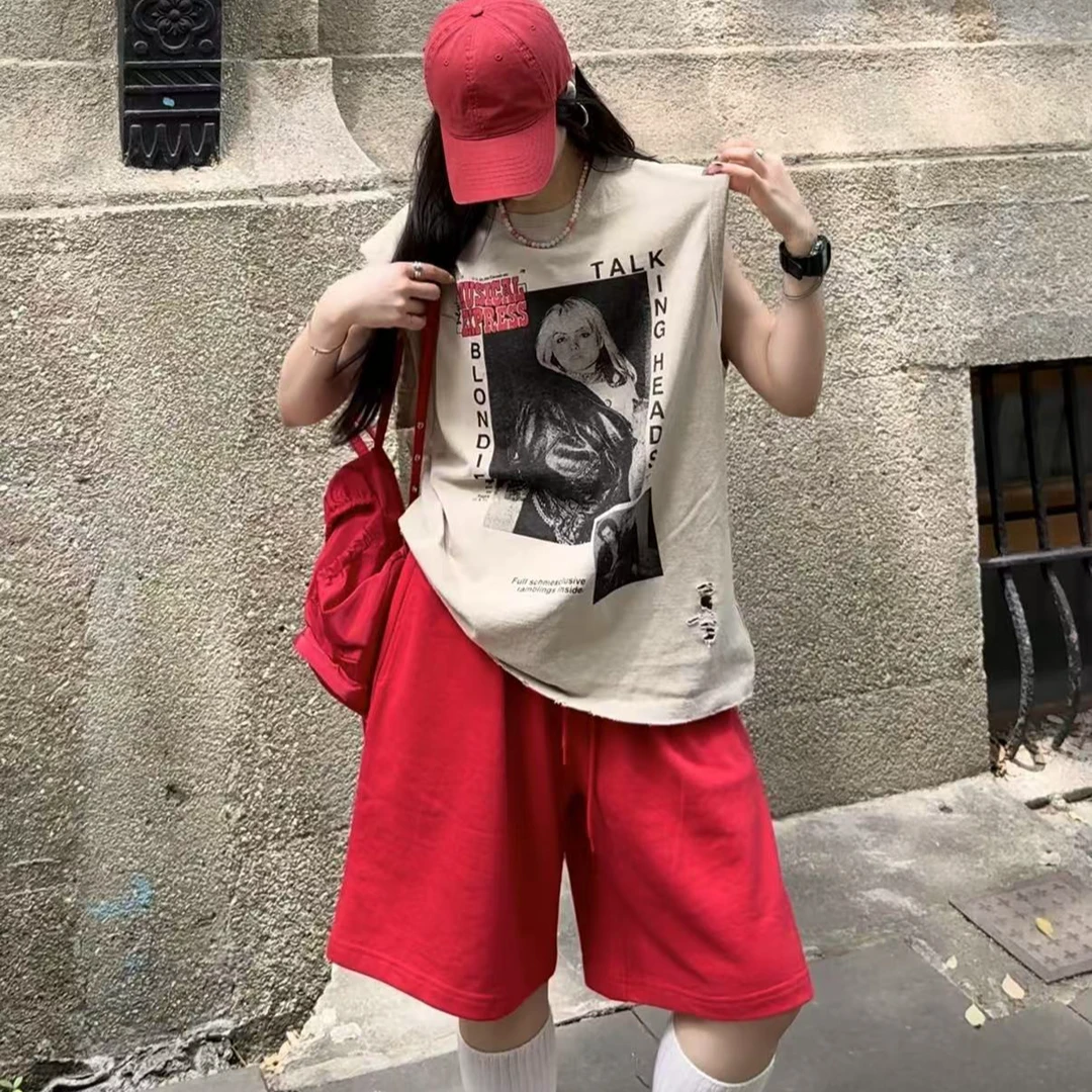 韩版新款印花无袖上衣休闲洋气时尚百搭宽松