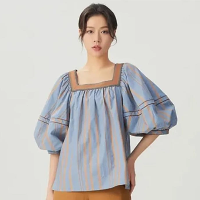 职业阿玛诗官2025春夏季新款气质法式泡泡袖方领宽松条纹衬衫女款