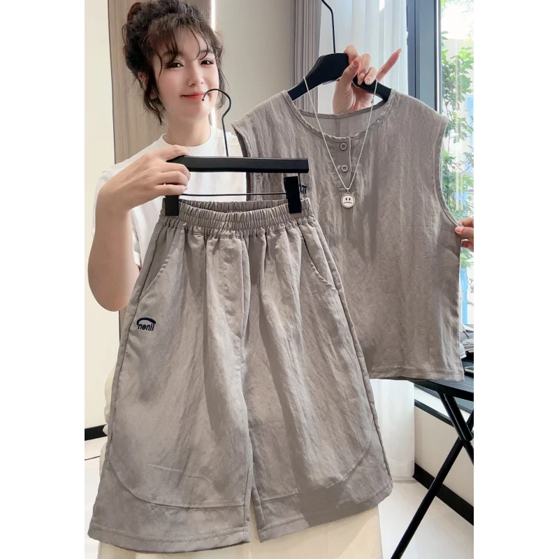 男童棉麻背心套装2025夏季新款中大童无袖上衣洋气工装短裤两件套
