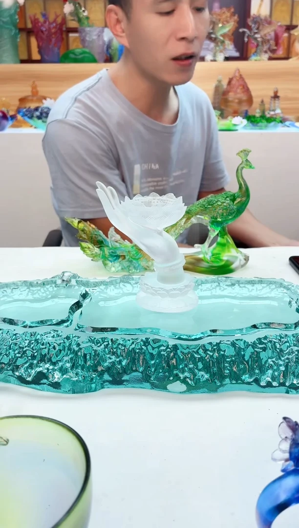 手工艺品琉璃白色佛手烛台12公分